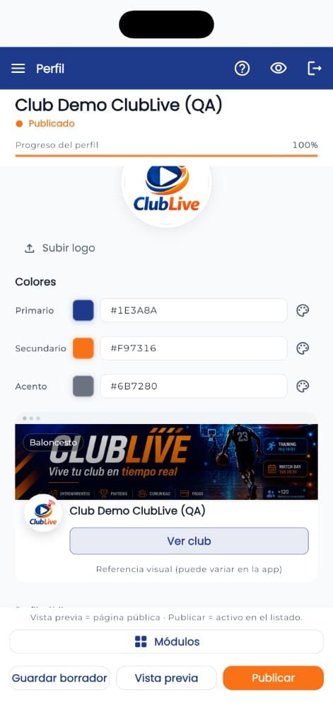 Pantalla de perfil de ClubLive: configuración de colores primarios, secundarios y referencia visual del club.