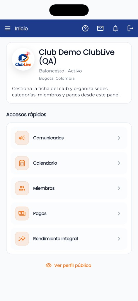ClubLive: inicio del club con accesos a comunicados, calendario, miembros y pagos.